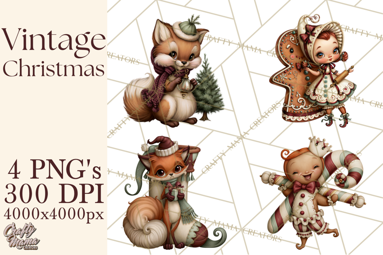 Vintage Christmas Clipart PNG, Christmas Retro Characters