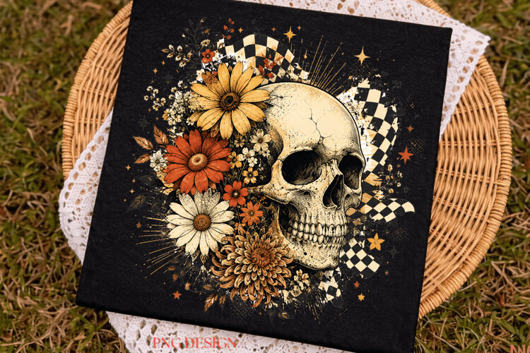 Floral Skull Halloween PNG, Vintage Skull Sublimation example image 1