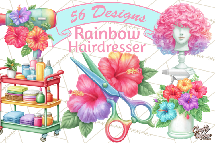 Rainbow Hair Stylist Clipart, Colorful Salon Tools PNG