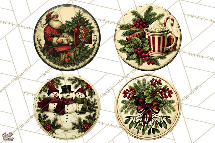Vintage Christmas Round Signs Clipart, Rustic Metal example image 1