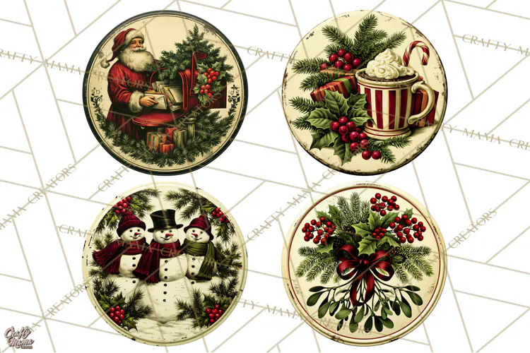 Vintage Christmas Round Signs Clipart, Rustic Metal