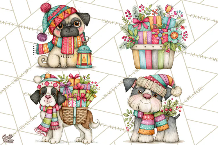Vintage Christmas Dogs Clipart, Christmas Dog PNG, Vintage