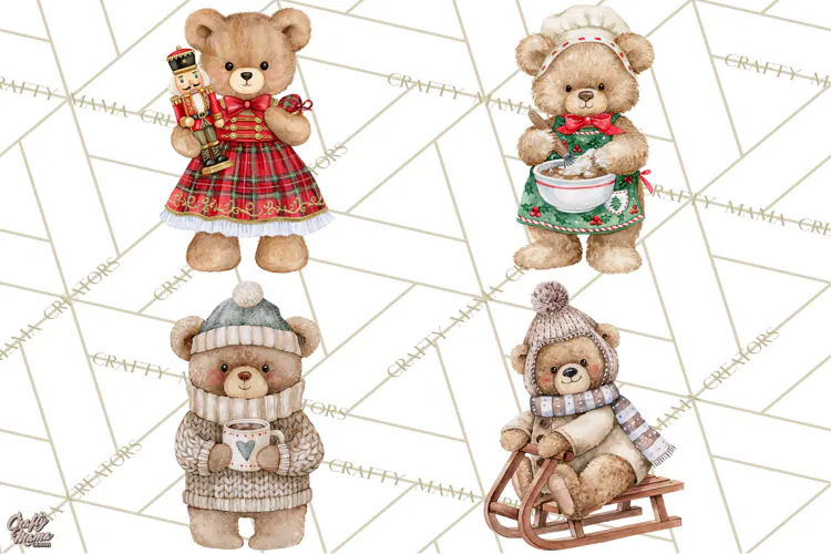 Christmas Teddy Bear Clipart PNG Watercolor Holiday Bears