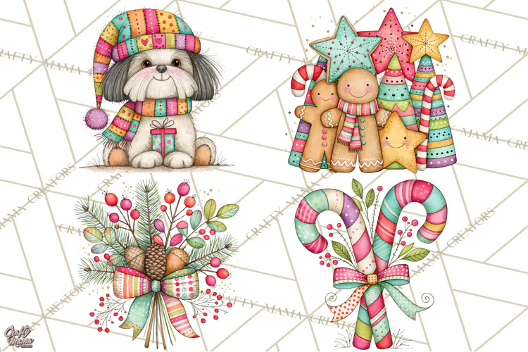 Colorful Christmas Dogs Clipart, Christmas Dog PNG, Vintage