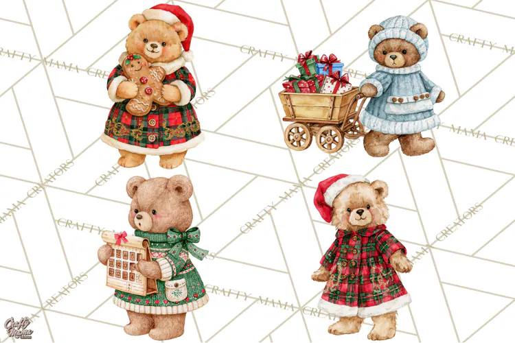 Christmas Teddy Bear Clipart PNG Watercolor Holiday Bears