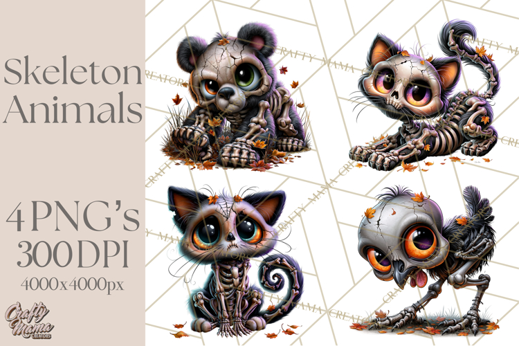 Animal Skeleton Halloween PNG Clipart Set