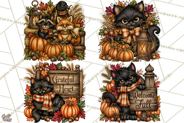Pumpkins and Plaid Fall Animals Clipart