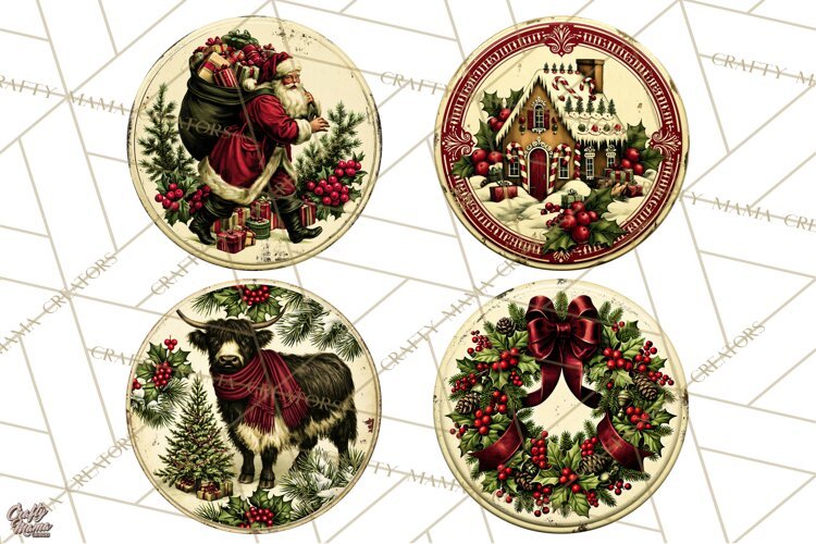 Vintage Christmas Round Signs Clipart, Rustic Metal example image 1