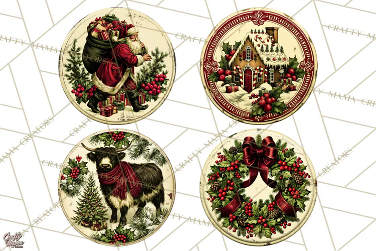 Vintage Christmas Round Signs Clipart, Rustic Metal