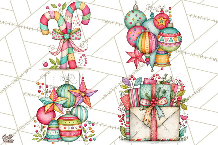 Colorful Christmas Dogs Clipart, Christmas Dog PNG, Vintage