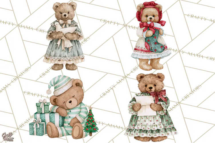 Christmas Teddy Bear Clipart PNG Watercolor Holiday Bears