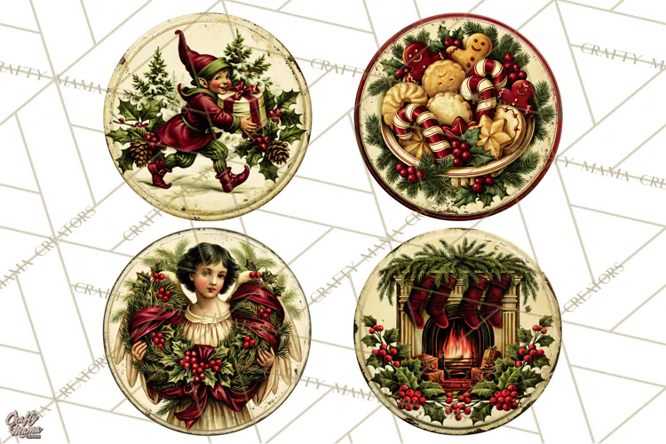 Vintage Christmas Round Signs Clipart, Rustic Metal