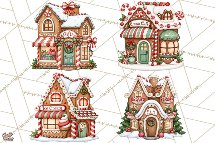 Downtown Gingerbread Town Buildings Clipart PNG