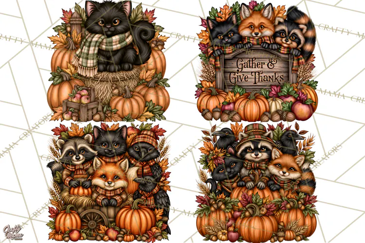 Pumpkins and Plaid Fall Animals Clipart
