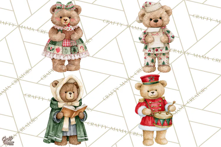 Christmas Teddy Bear Clipart PNG Watercolor Holiday Bears