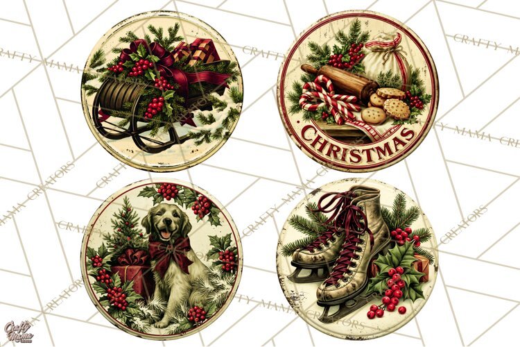 Vintage Christmas Round Signs Clipart, Rustic Metal example image 1