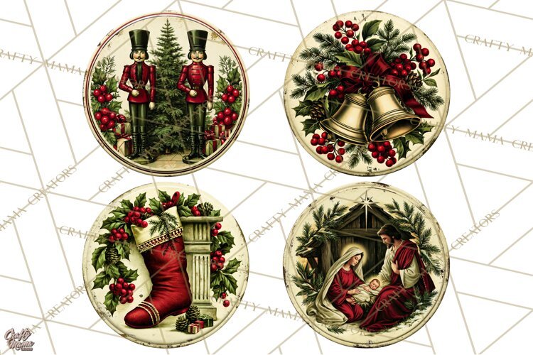 Vintage Christmas Round Signs Clipart, Rustic Metal example image 1
