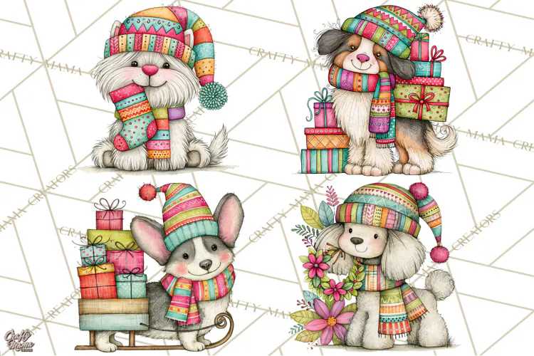Colorful Christmas Dogs Clipart, Christmas Dog PNG, Vintage