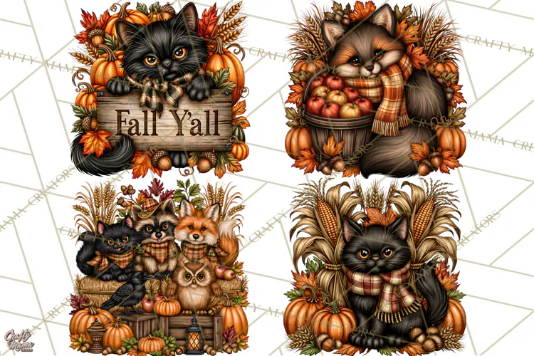 Pumpkins and Plaid Fall Animals Clipart