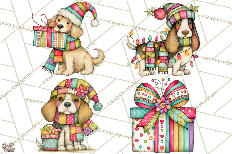 Colorful Christmas Dogs Clipart, Christmas Dog PNG, Vintage