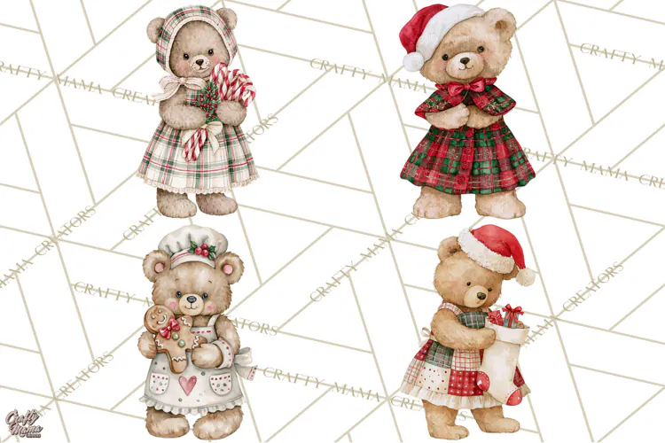Christmas Teddy Bear Clipart PNG Watercolor Holiday Bears