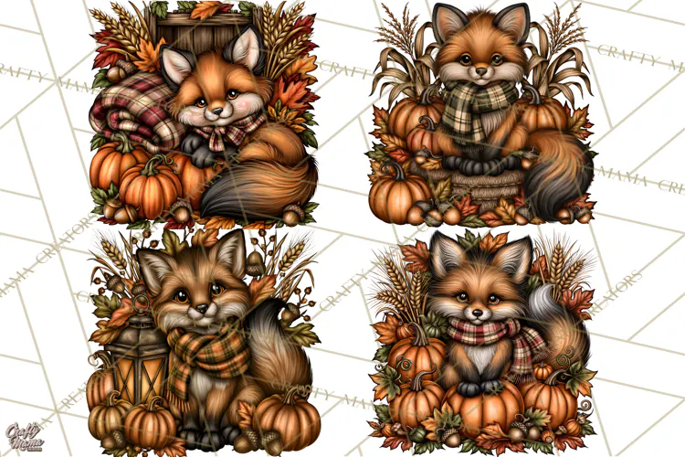 Pumpkins and Plaid Fall Animals Clipart