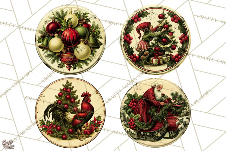 Vintage Christmas Round Signs Clipart, Rustic Metal