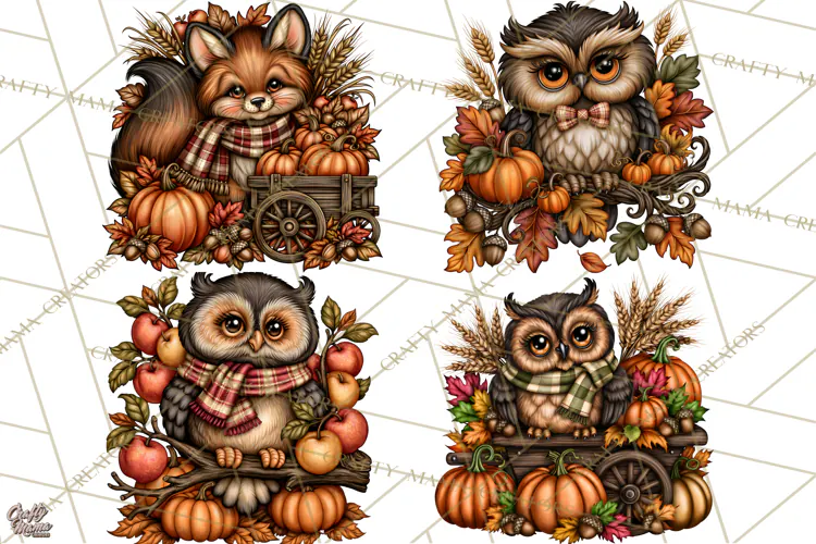 Pumpkins and Plaid Fall Animals Clipart