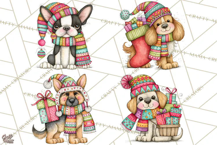 Colorful Christmas Dogs Clipart, Christmas Dog PNG, Vintage