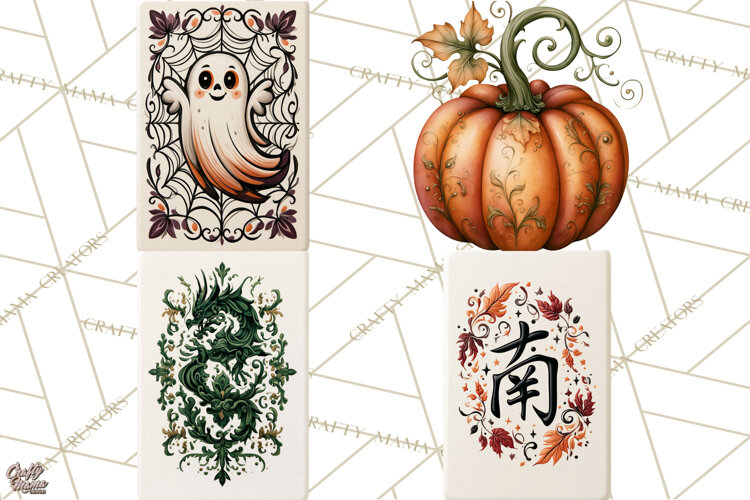 Halloween Mahjong Clipart, Spooky Mahjong Tiles PNG, Gothic example image 1
