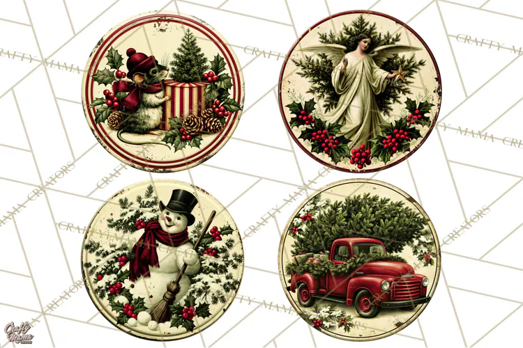 Vintage Christmas Round Signs Clipart, Rustic Metal