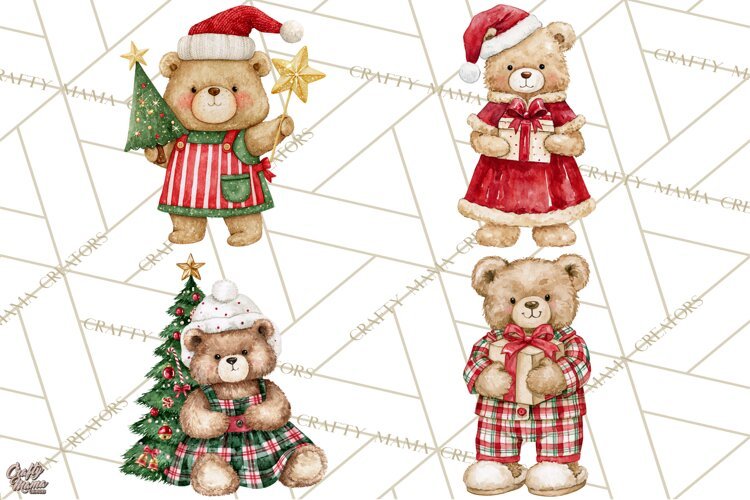 Christmas Teddy Bear Clipart PNG Watercolor Holiday Bears example image 1
