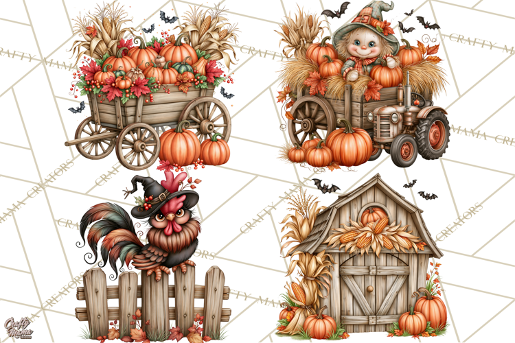 Halloween Farmhouse Clipart, Rustic Farm Halloween PNG