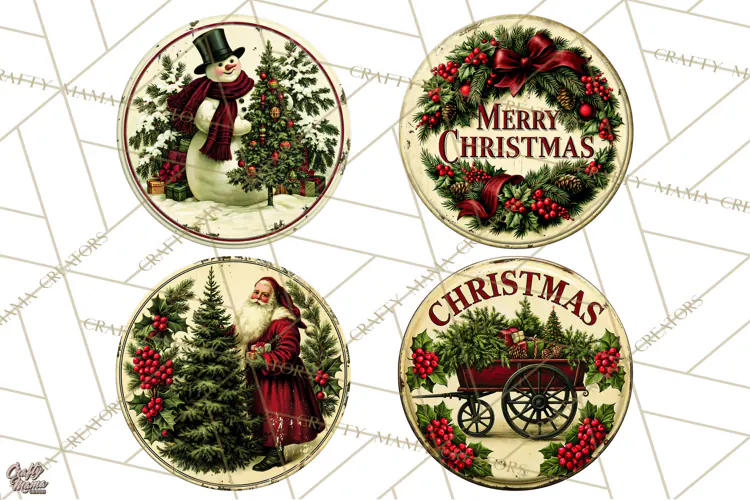 Vintage Christmas Round Signs Clipart, Rustic Metal