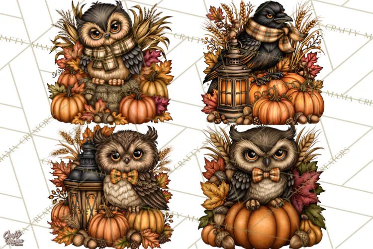 Pumpkins and Plaid Fall Animals Clipart