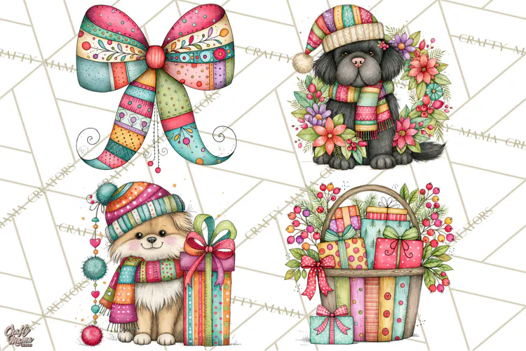 Colorful Christmas Dogs Clipart, Christmas Dog PNG, Vintage
