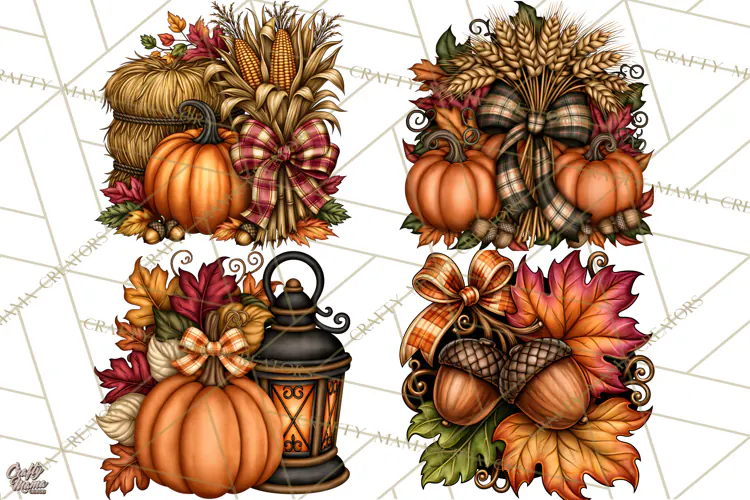 Pumpkins and Plaid Fall Accents Clipart