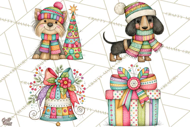 Colorful Christmas Dogs Clipart, Christmas Dog PNG, Vintage