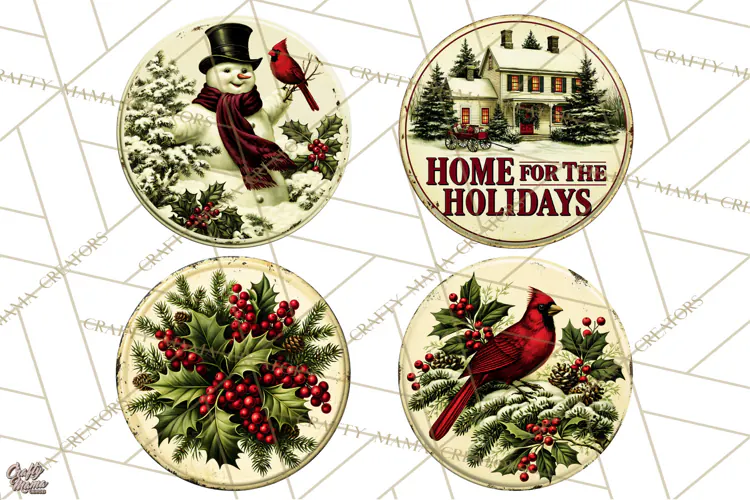 Vintage Christmas Round Signs Clipart, Rustic Metal