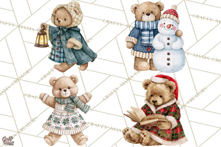 Christmas Teddy Bear Clipart PNG Watercolor Holiday Bears