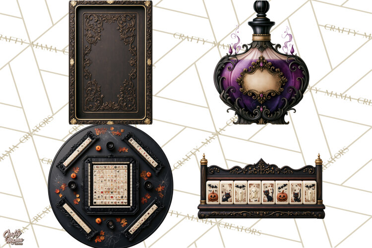 Halloween Mahjong Clipart, Spooky Mahjong Tiles PNG, Gothic example image 1