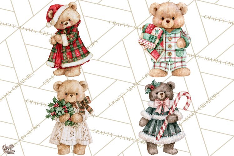 Christmas Teddy Bear Clipart PNG Watercolor Holiday Bears example image 1
