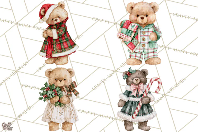 Christmas Teddy Bear Clipart PNG Watercolor Holiday Bears