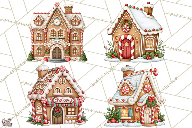 Downtown Gingerbread Town Buildings Clipart PNG