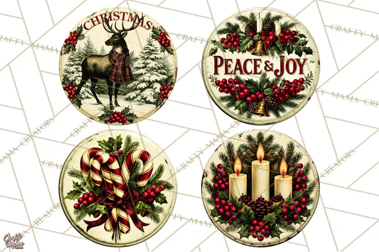 Vintage Christmas Round Signs Clipart, Rustic Metal