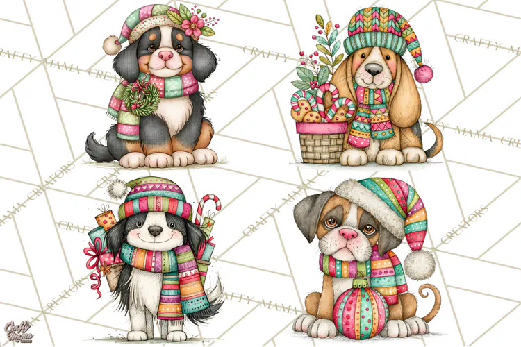 Colorful Christmas Dogs Clipart, Christmas Dog PNG, Vintage