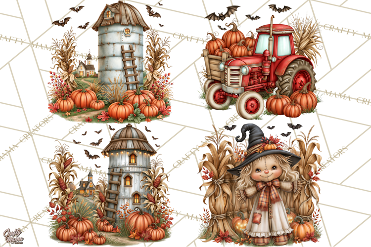Halloween Farmhouse Clipart, Rustic Farm Halloween PNG