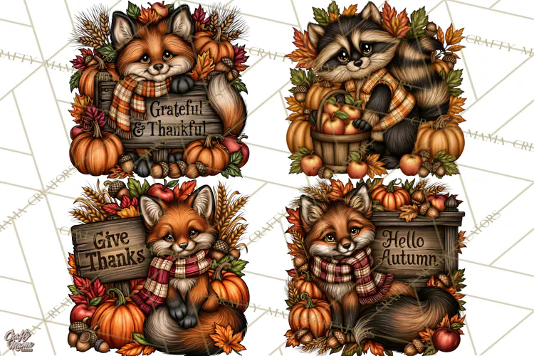 Pumpkins and Plaid Fall Animals Clipart