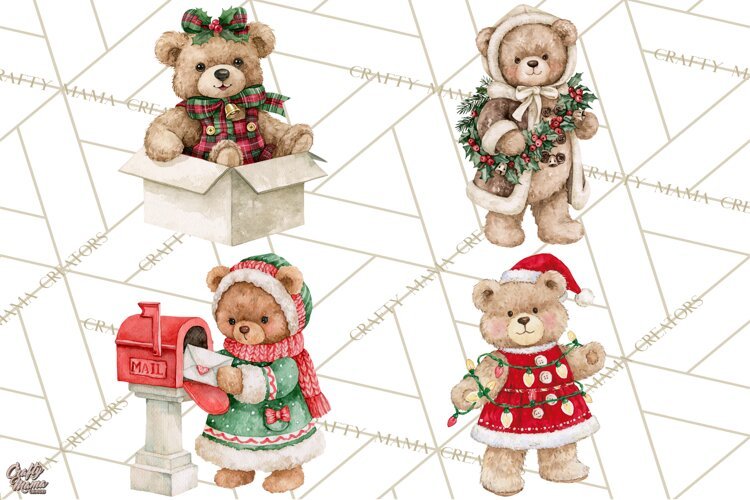 Christmas Teddy Bear Clipart PNG Watercolor Holiday Bears example image 1