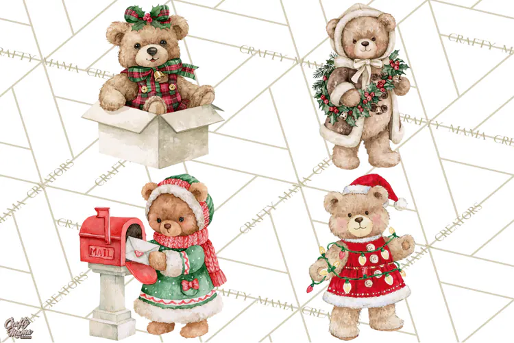 Christmas Teddy Bear Clipart PNG Watercolor Holiday Bears